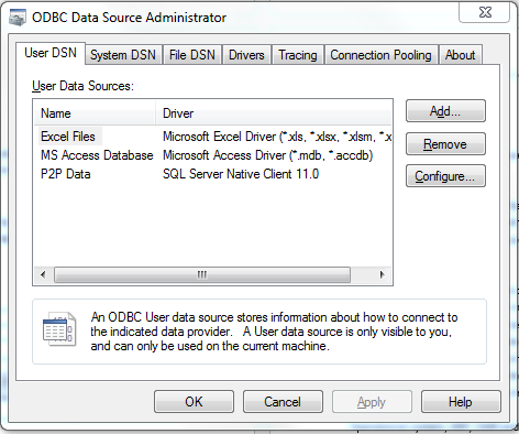 ODBC Data Source Admin - Source Selection Screen